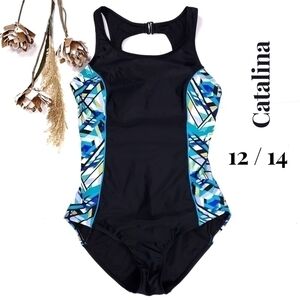 NEW Catalina Black Multicolored 1 Pc Swimsuit Size 12 / 14